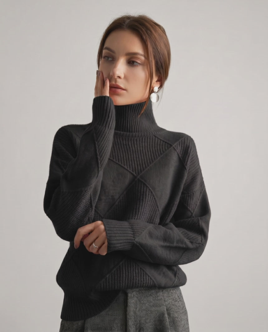 Aureline Sweater by Lauven — women’s oversized high-neck knit sweater with geometric texture and ribbed details