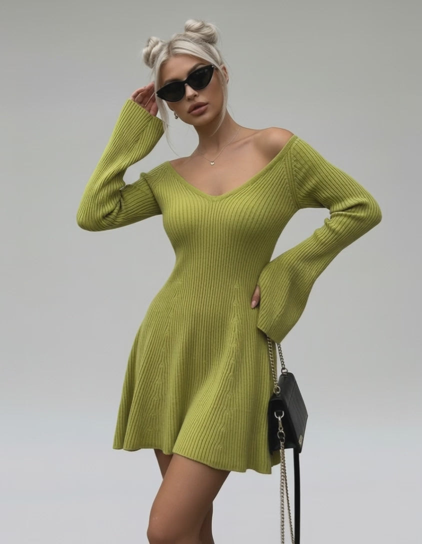 Aura Mini Dress by Lauven - Slim fit green knit with V-neck and flared cuffs, perfect for modern elegance.