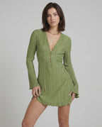 Orion Mini Dress by Lauven - Elegant pleated long sleeve mini dress in olive green with deep V-neckline.