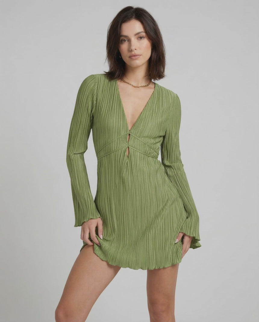Orion Mini Dress by Lauven - Elegant pleated long sleeve mini dress in olive green with deep V-neckline.