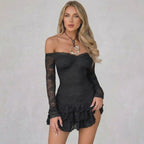 Lauven Noir Mini Dress in black lace with ruffled hem and off-the-shoulder neckline, showcasing elegance and style.