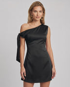 Veloura Mini Dress: Satin finish, asymmetric neckline, A-line silhouette by Lauven for a modern, chic look.