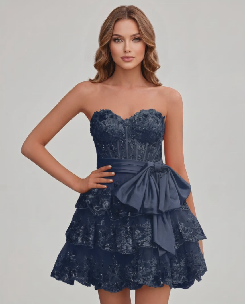 Veloura Mini Dress by Lauven — lace appliqué strapless sweetheart tiered mini dress