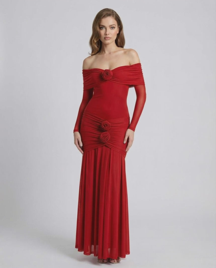 Rosalia Maxi Dress - Red off shoulder maxi dress with sheer long sleeves, flowing silhouette from Lauven.