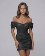 Elysia Mini Dress in black brocade with off-shoulder detail from Lauven, showcasing a sexy sheath silhouette.