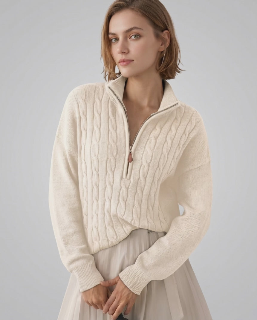 Veloura Sweater by Lauven — women’s cable knit half-zip sweater with ribbed texture and relaxed fit