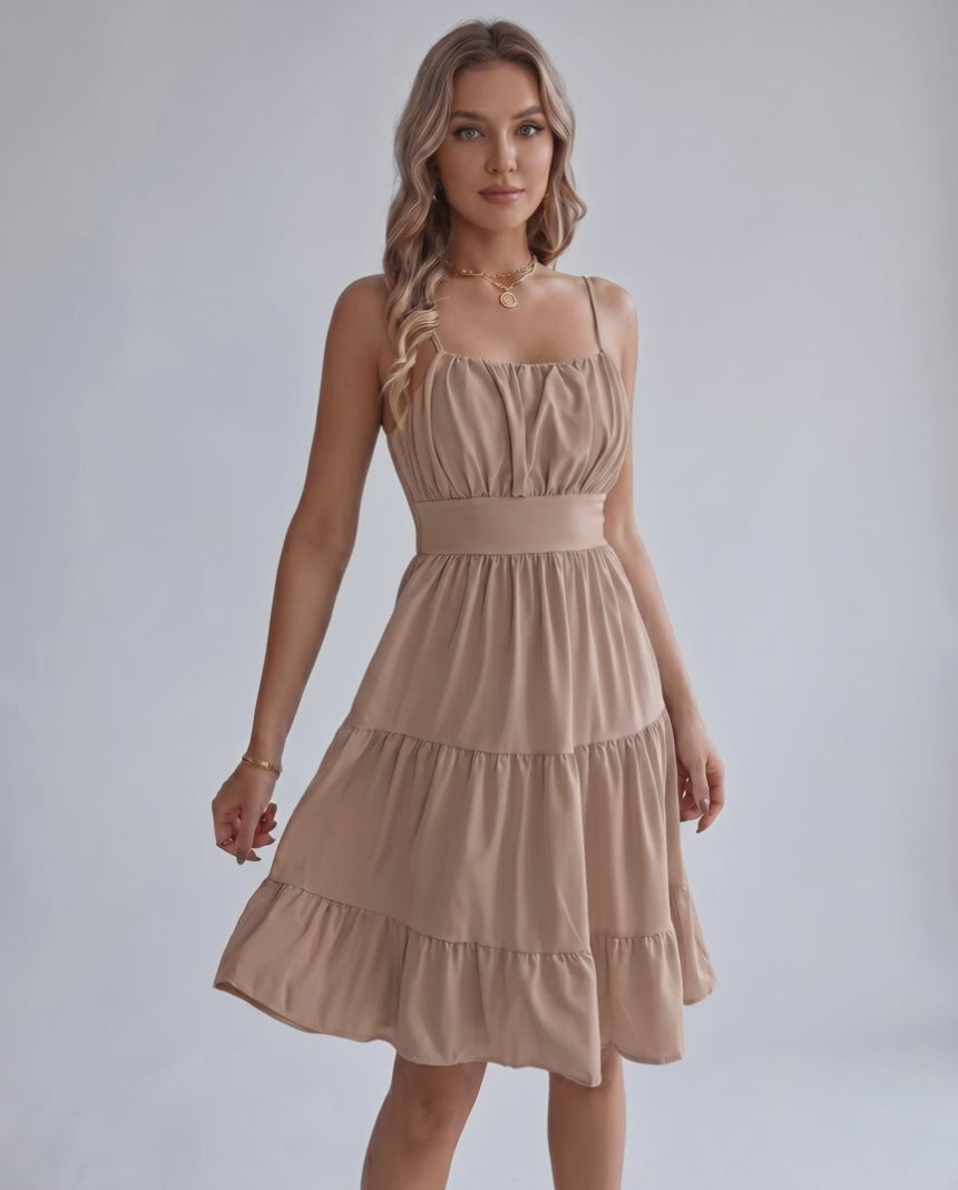 Lunara Midi Dress by Lauven — chiffon sleeveless square neck A-line midi dress