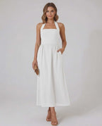 Selene Midi Dress - White halter midi dress with elegant A-line flow by Lauven, designed for modern femininity and sophistication.