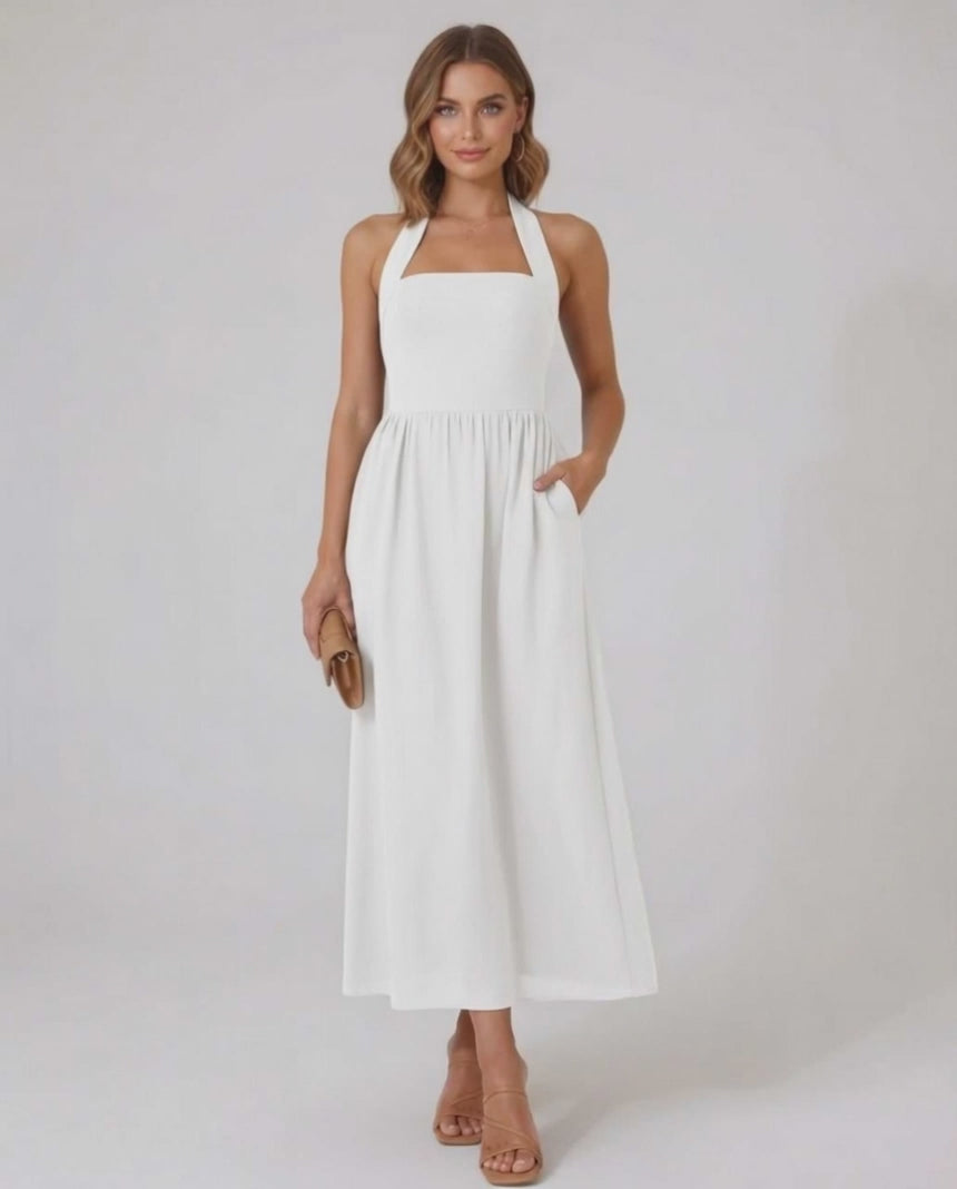 Selene Midi Dress - White halter midi dress with elegant A-line flow by Lauven, designed for modern femininity and sophistication.