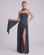 Aureline Maxi Dress by Lauven — chiffon strapless halter pleated maxi dress with slit