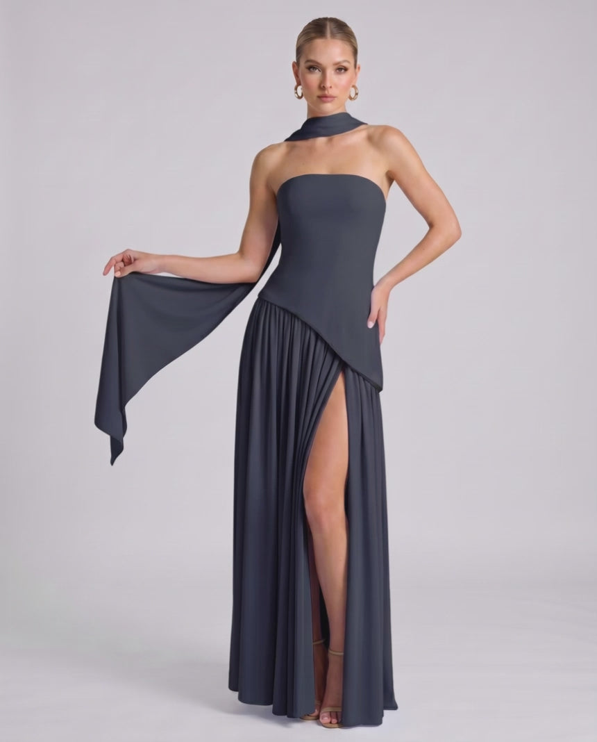 Aureline Maxi Dress by Lauven — chiffon strapless halter pleated maxi dress with slit