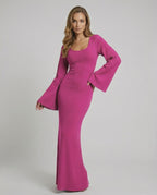 Fuchsia Maxi Dress by Lauven, ribbed knit, long sleeve, elegant, sculpted drape, comfortable stretch, vibrant pink.