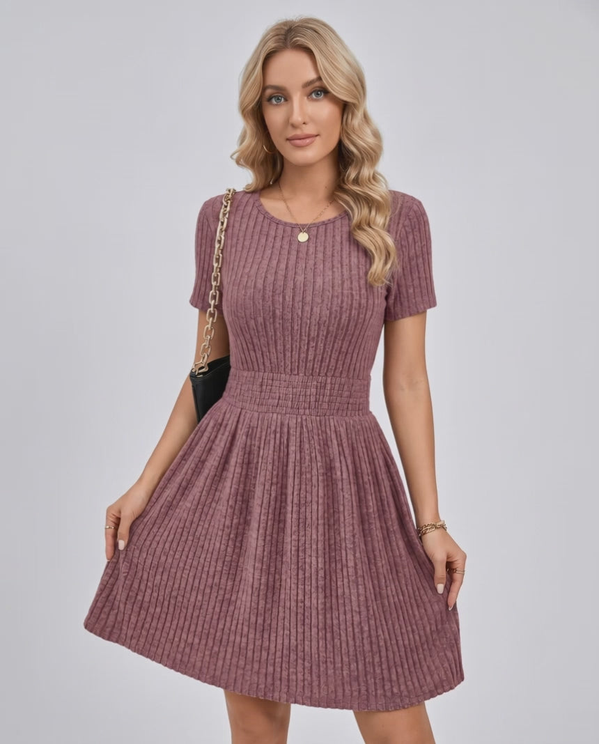 Liora Mini Dress by Lauven — ribbed knit short sleeve crew neck A-line mini dress