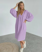 Elara Midi Dress in lavender cotton, featuring puff sleeve detail for effortless elegance by Lauven.