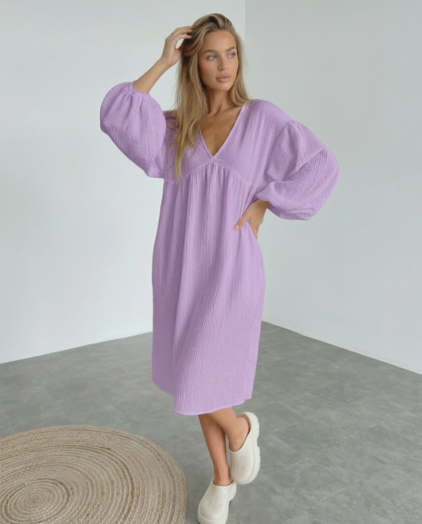 Elara Midi Dress in lavender cotton, featuring puff sleeve detail for effortless elegance by Lauven.
