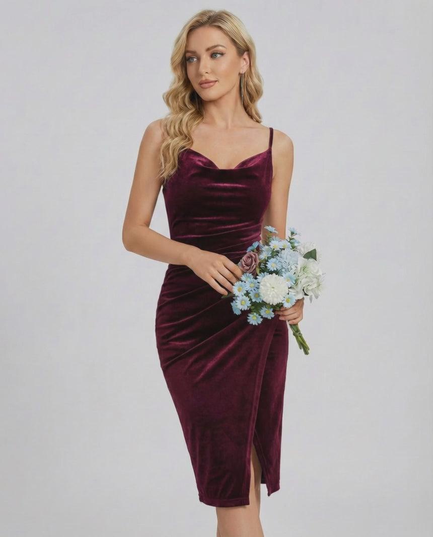 Verona Mini Dress - Velvet Cowl Neck Sheath in burgundy with elegant slit, perfect for evening occasions by Lauven.