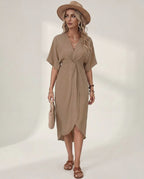 Elara Midi Dress by Lauven — premium short sleeve V-neck wrap style midi dress