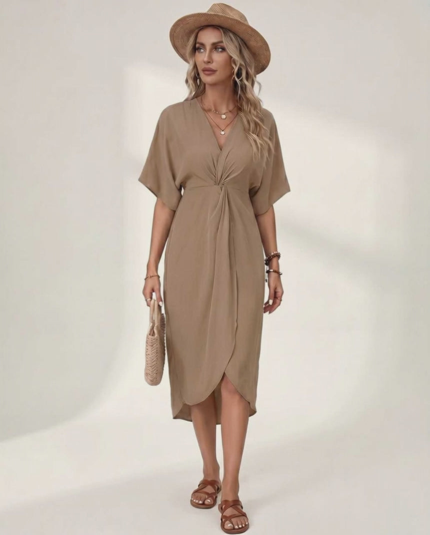 Elara Midi Dress by Lauven — premium short sleeve V-neck wrap style midi dress