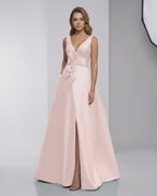 Elara Maxi Dress - satin A-line V-neck floor-length evening dress by Lauven, featuring a graceful blush design with bow detail.