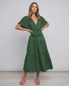 Solenne Midi Dress by Lauven — chiffon butterfly sleeve V-neck tiered midi dress