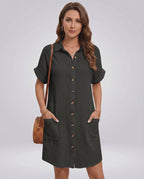Mariel Mini Dress by Lauven — cotton blend short sleeve turn-down collar straight mini dress