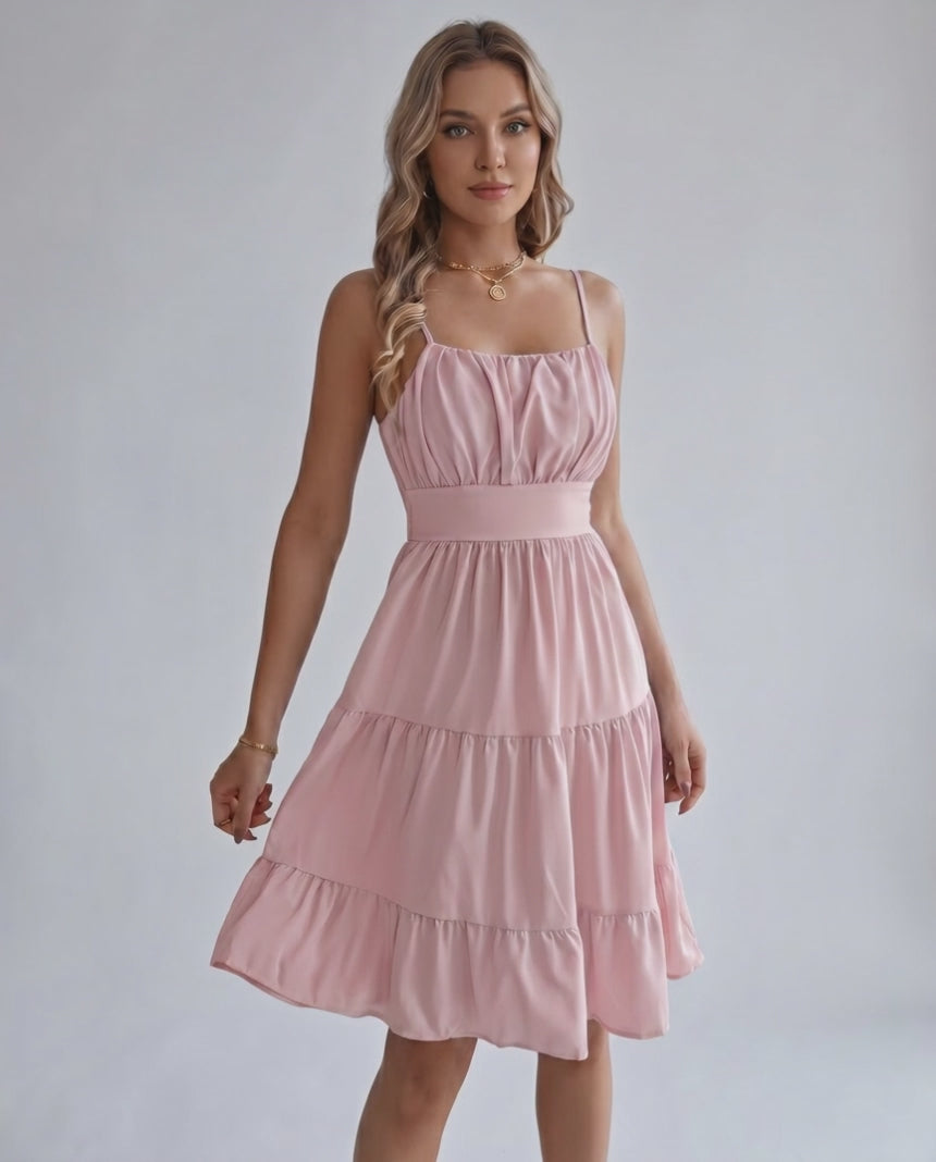 Lunara Midi Dress by Lauven — chiffon sleeveless square neck A-line midi dress