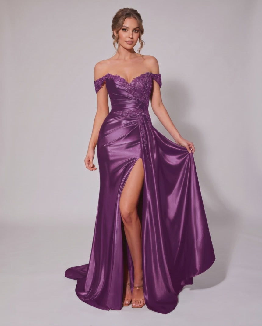 Veloura Maxi Dress by Lauven — satin off-shoulder sweetheart mermaid maxi dress