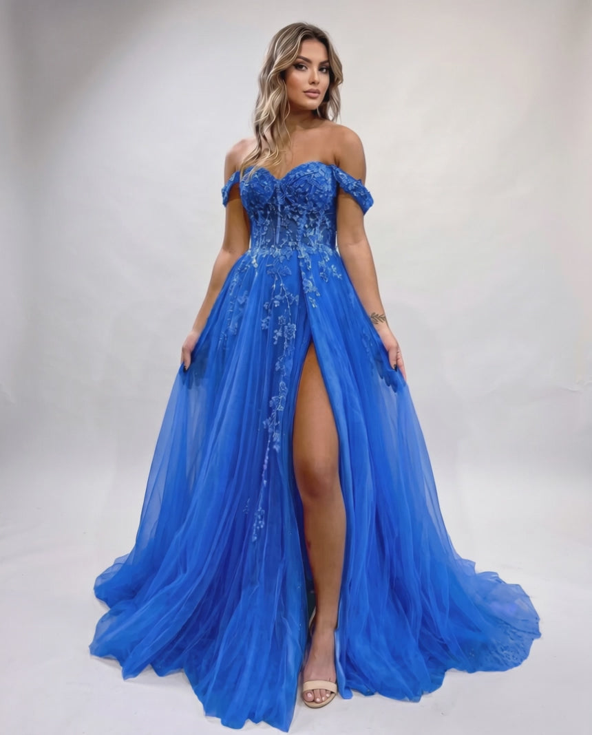 Celestia Maxi Dress by Lauven — tulle lace off-shoulder sweetheart A-line maxi dress
