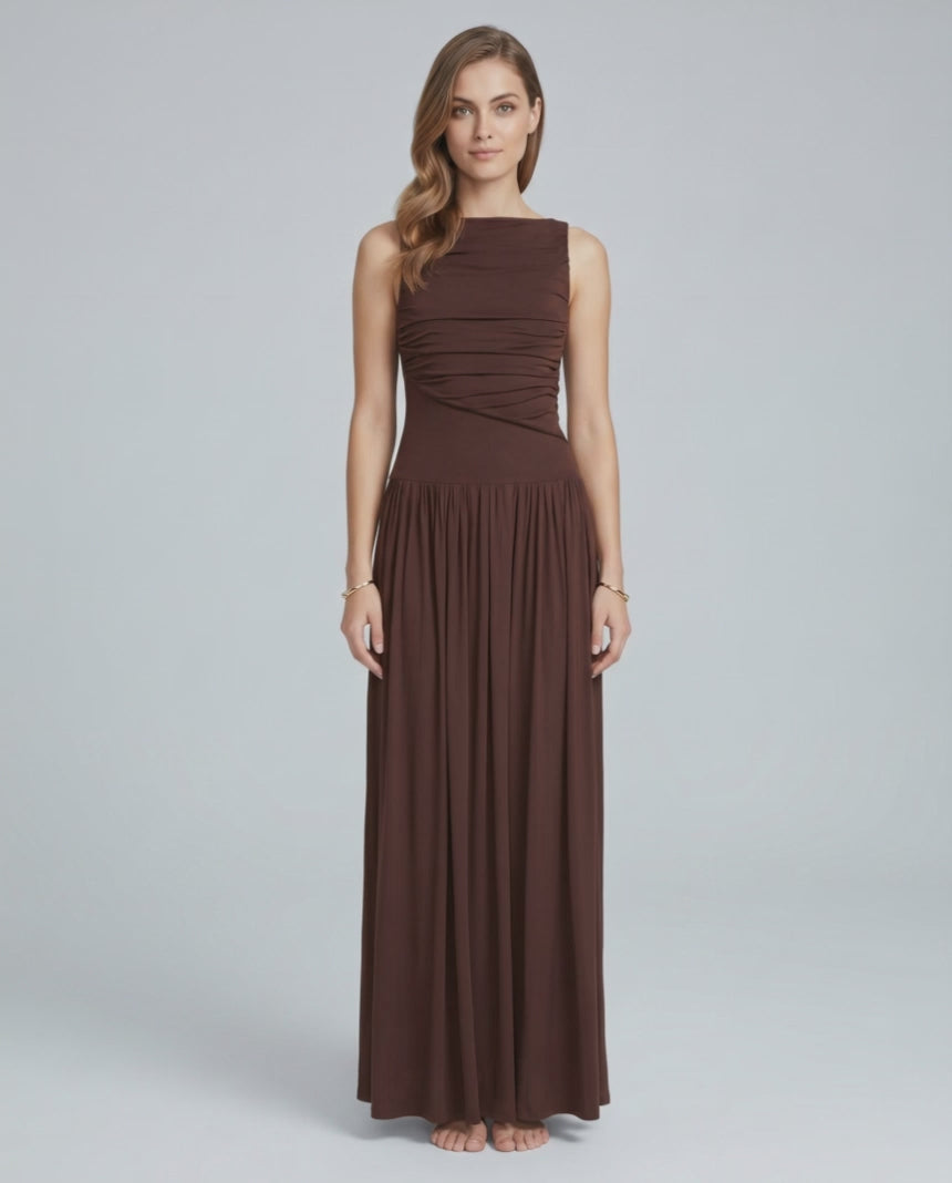 Aurea Maxi Dress by Lauven — stretch jersey sleeveless boat neck ruched waist maxi dress