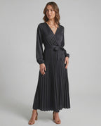 Elara Maxi Dress by Lauven — satin long sleeve V-neck A-line maxi dress with pleats and tie waist