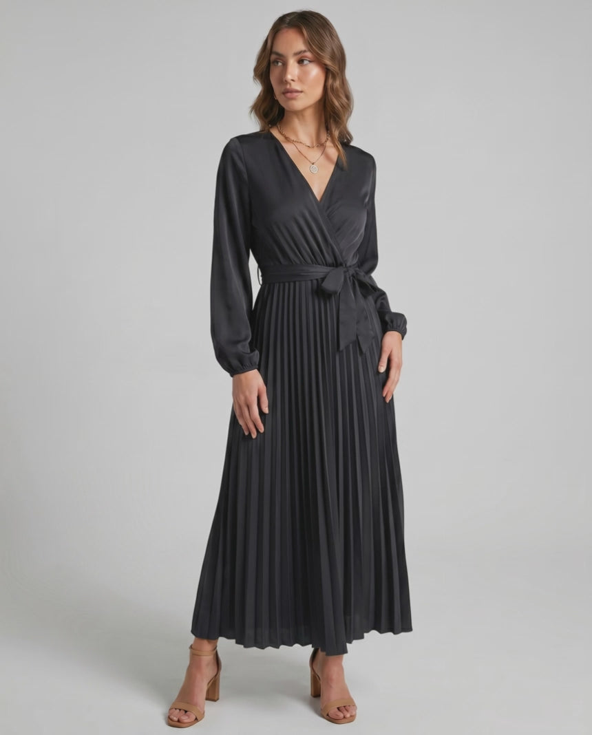 Elara Maxi Dress by Lauven — satin long sleeve V-neck A-line maxi dress with pleats and tie waist