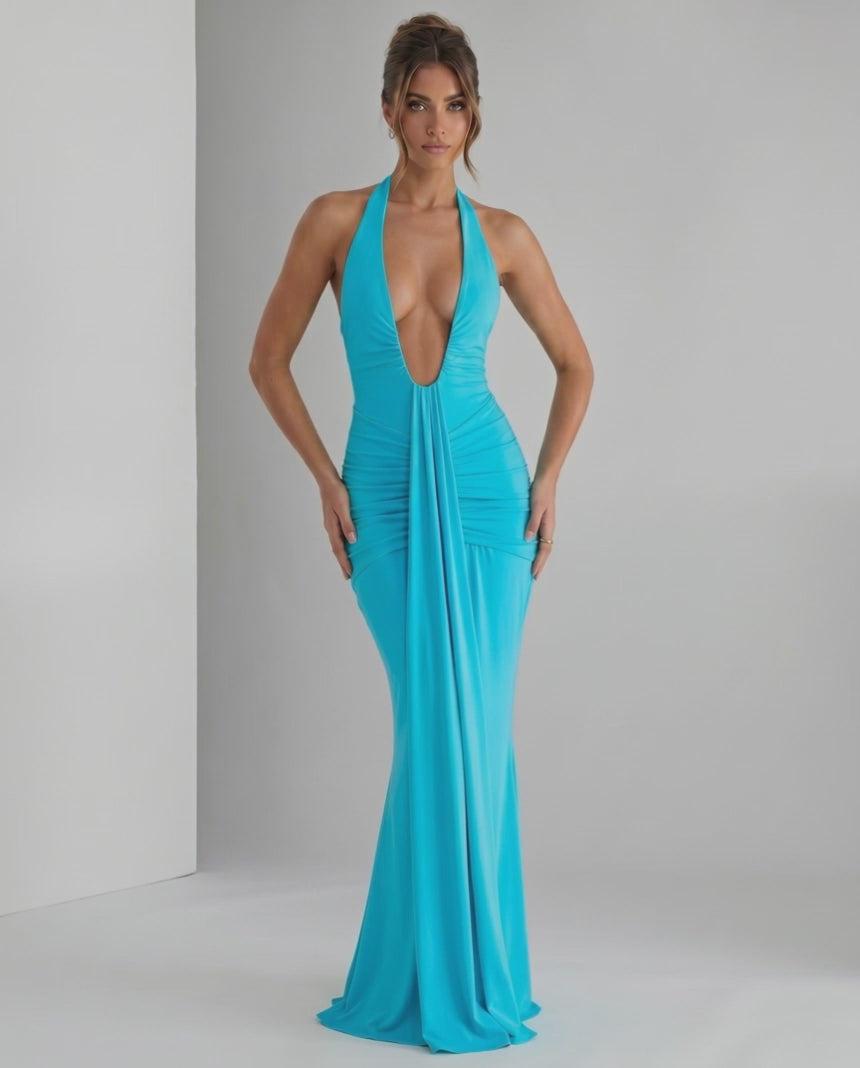 Aurelia Maxi Dress in turquoise, featuring a halter neck and stylish ruching for a sleek, modern look by Lauven.