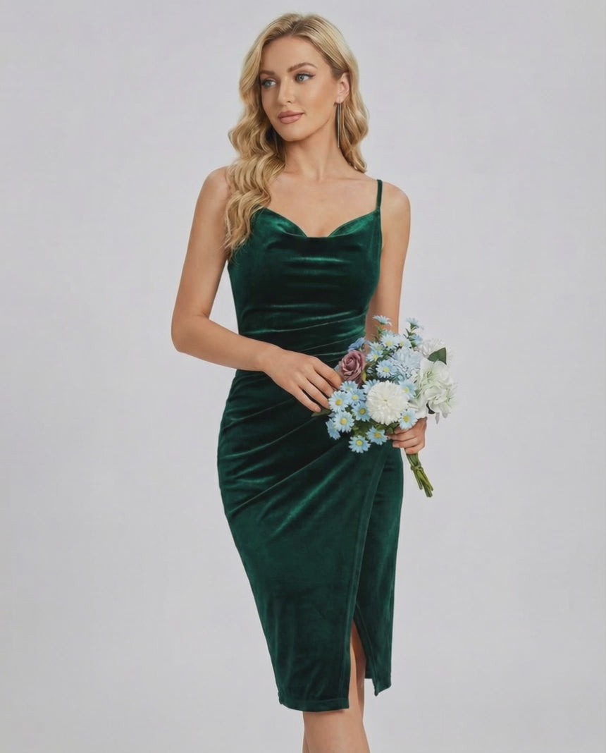 Emerald Mini Dress featuring green velvet, cowl neck, elegant slit, by Lauven, perfect for elevated occasions.