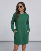 Verde Mini Dress by Lauven - Casual emerald green sweatshirt dress with pockets, perfect for any season.