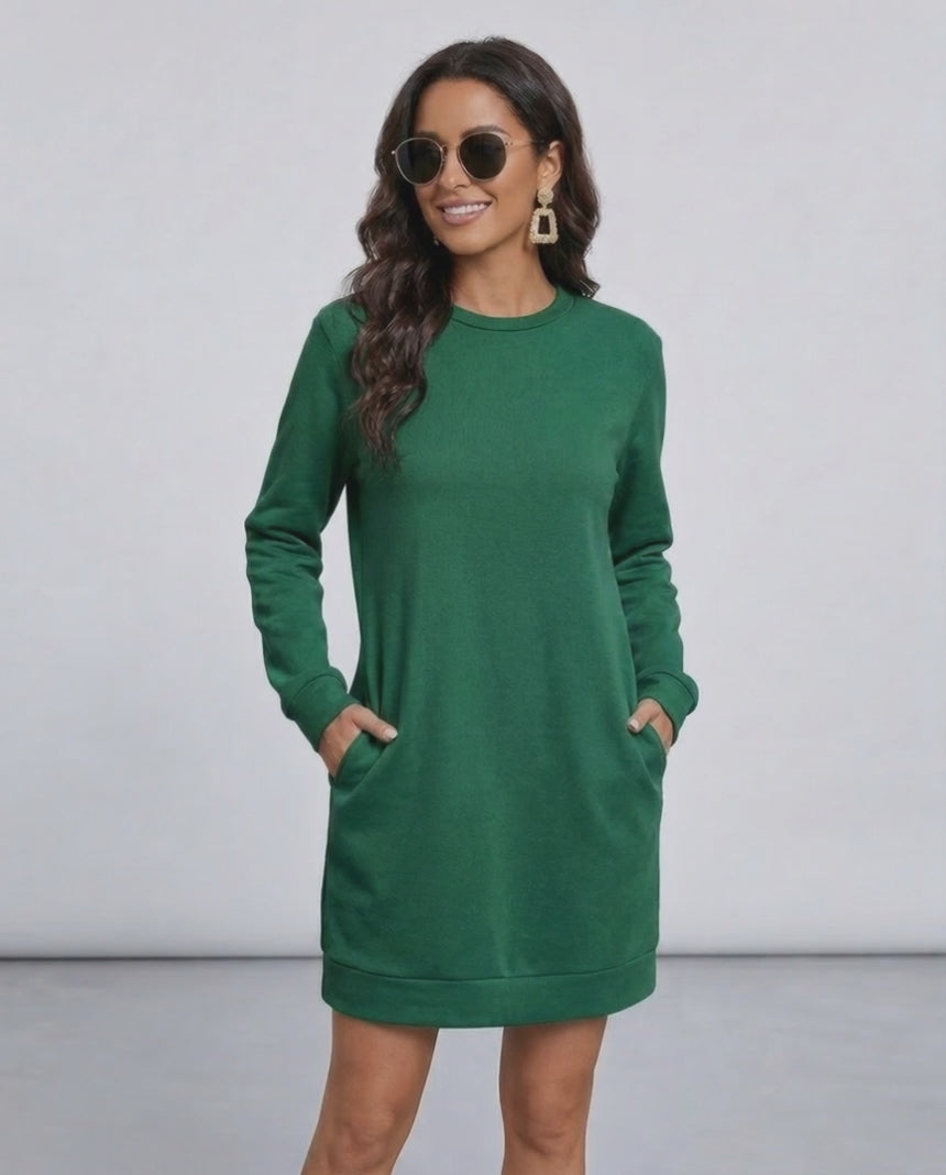 Verde Mini Dress by Lauven - Casual emerald green sweatshirt dress with pockets, perfect for any season.