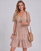 Solenne Mini Dress by Lauven — textured short sleeve V-neck A-line mini dress