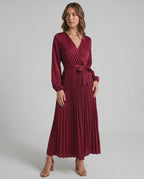 Elara Maxi Dress by Lauven — satin long sleeve V-neck A-line maxi dress with pleats and tie waist