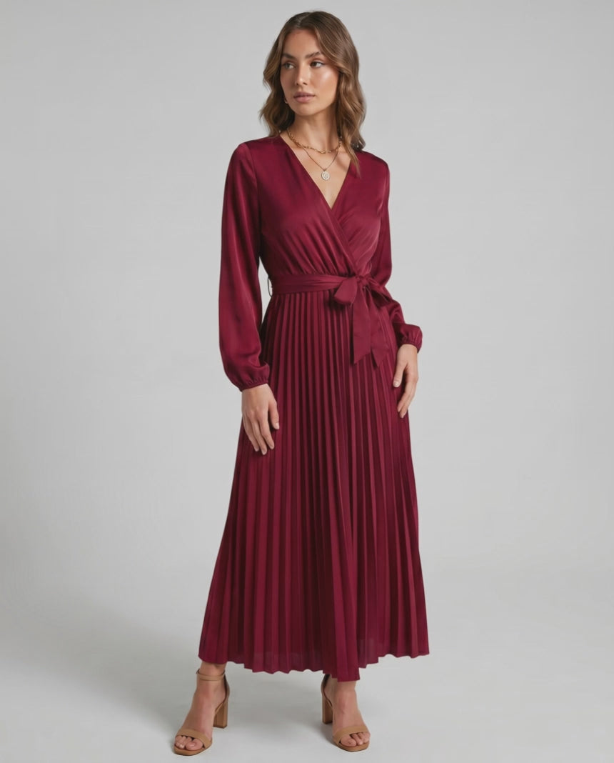 Elara Maxi Dress by Lauven — satin long sleeve V-neck A-line maxi dress with pleats and tie waist