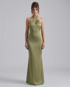 Zerelle Maxi Dress in olive green, featuring a halter neckline, elegant ruffle detail, and fluid polyester design by Lauven.