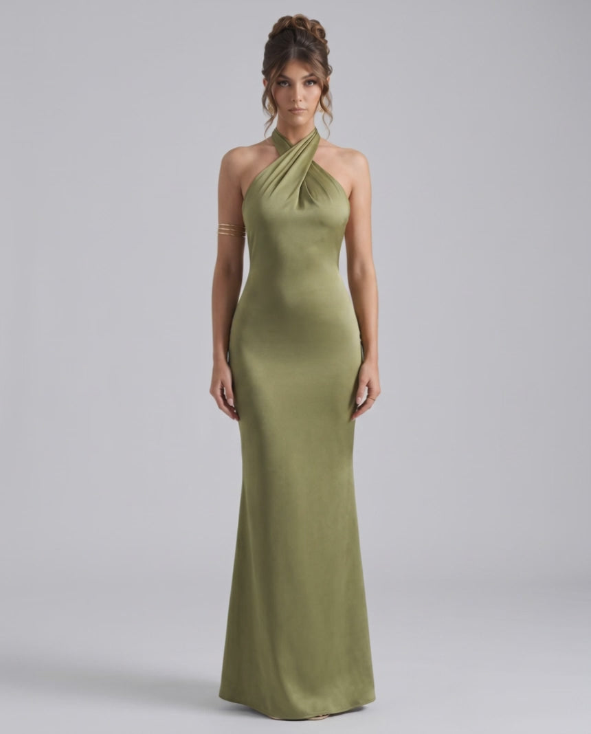 Zerelle Maxi Dress in olive green, featuring a halter neckline, elegant ruffle detail, and fluid polyester design by Lauven.