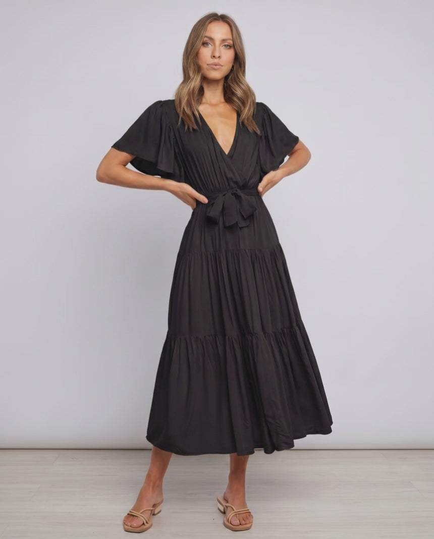 Solenne Midi Dress by Lauven — chiffon butterfly sleeve V-neck tiered midi dress