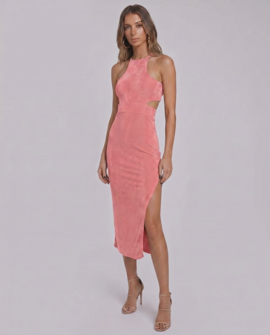 Sable Midi Dress by Lauven — suede-touch polyester blend sleeveless crew neck slim midi dress