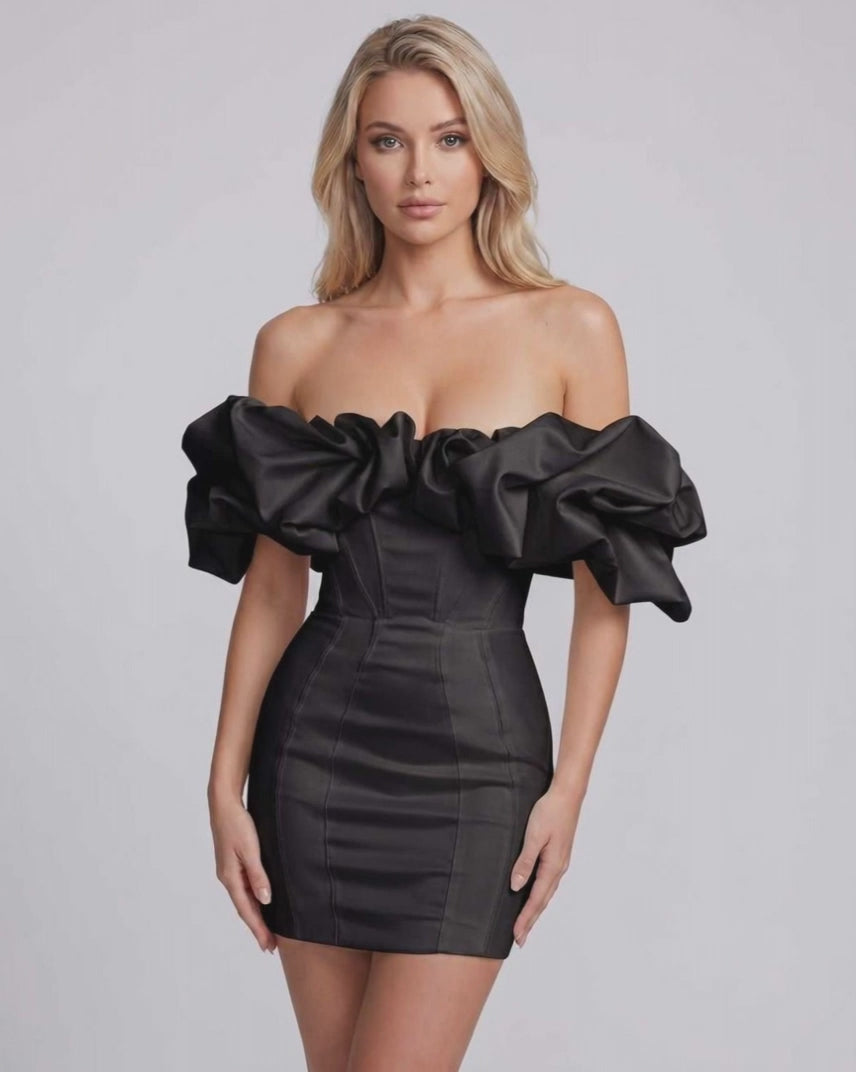 Aurelle Mini Dress by Lauven — polyester spandex flounce sleeve off-the-shoulder bodycon mini dress