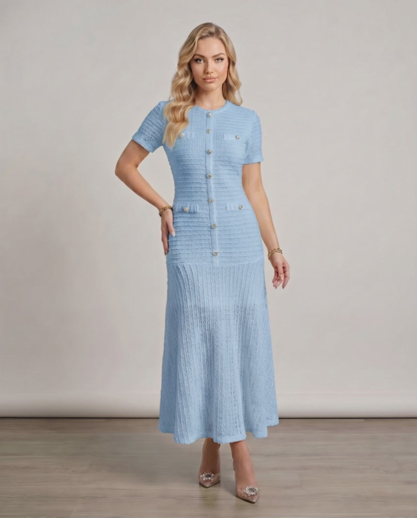 Aureline Maxi Dress by Lauven, textured knit, round neck, flared hem, polished finish for a refined silhouette.