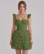 Celestia Mini Dress by Lauven — layered tulle sweetheart A-line mini dress with spaghetti straps