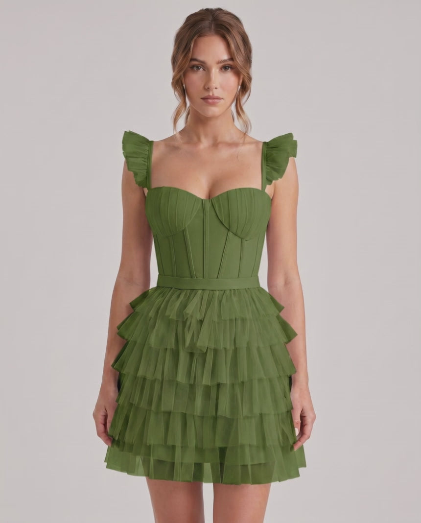 Celestia Mini Dress by Lauven — layered tulle sweetheart A-line mini dress with spaghetti straps
