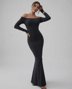 Lauven Luna Maxi Dress, sleek off-shoulder long sleeve, luxurious stretch fabric in classic black.