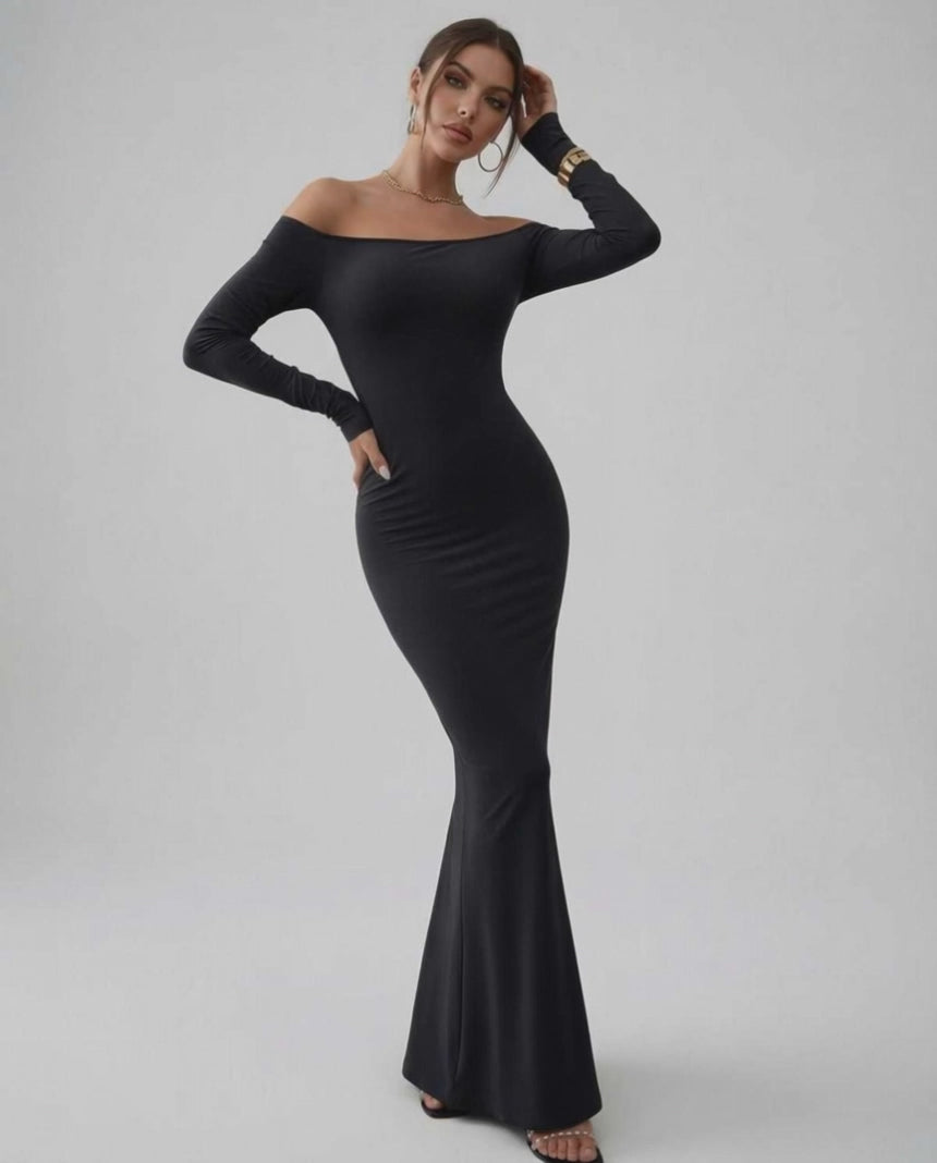 Lauven Luna Maxi Dress, sleek off-shoulder long sleeve, luxurious stretch fabric in classic black.