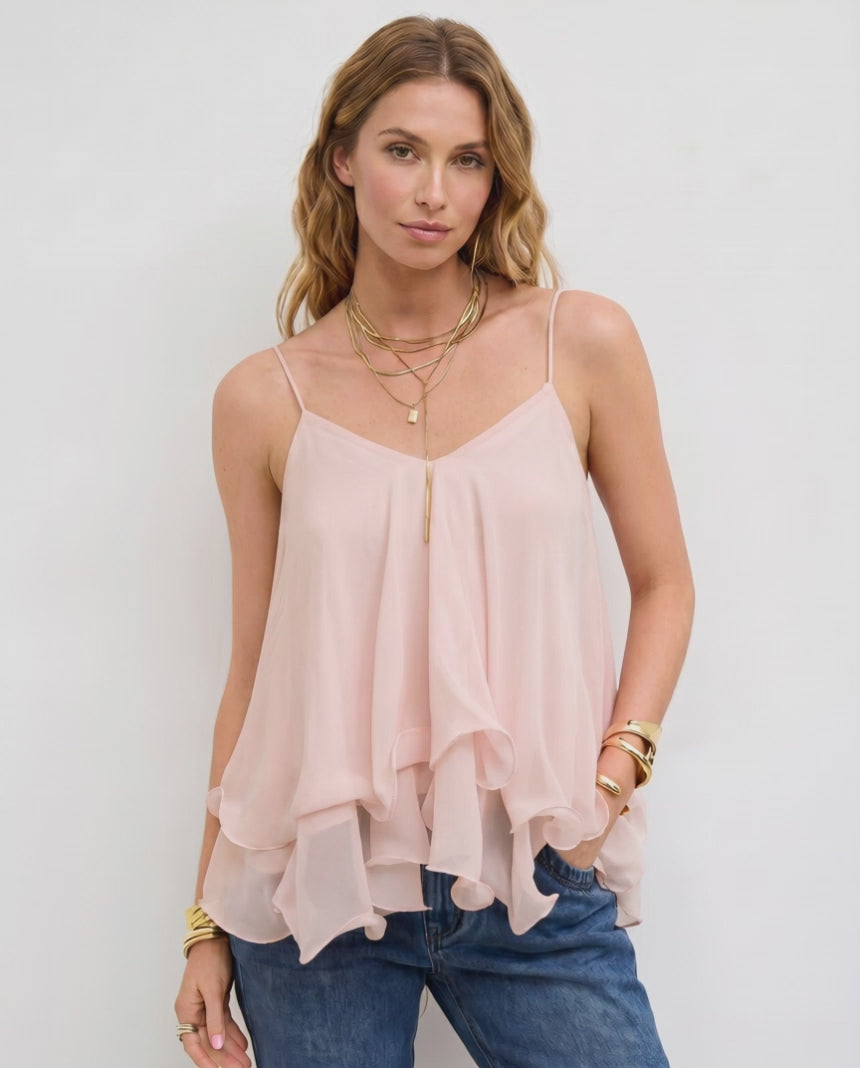 Aureline Top by Lauven — women’s layered chiffon top with V-neck spaghetti straps and flowy ruffle hem