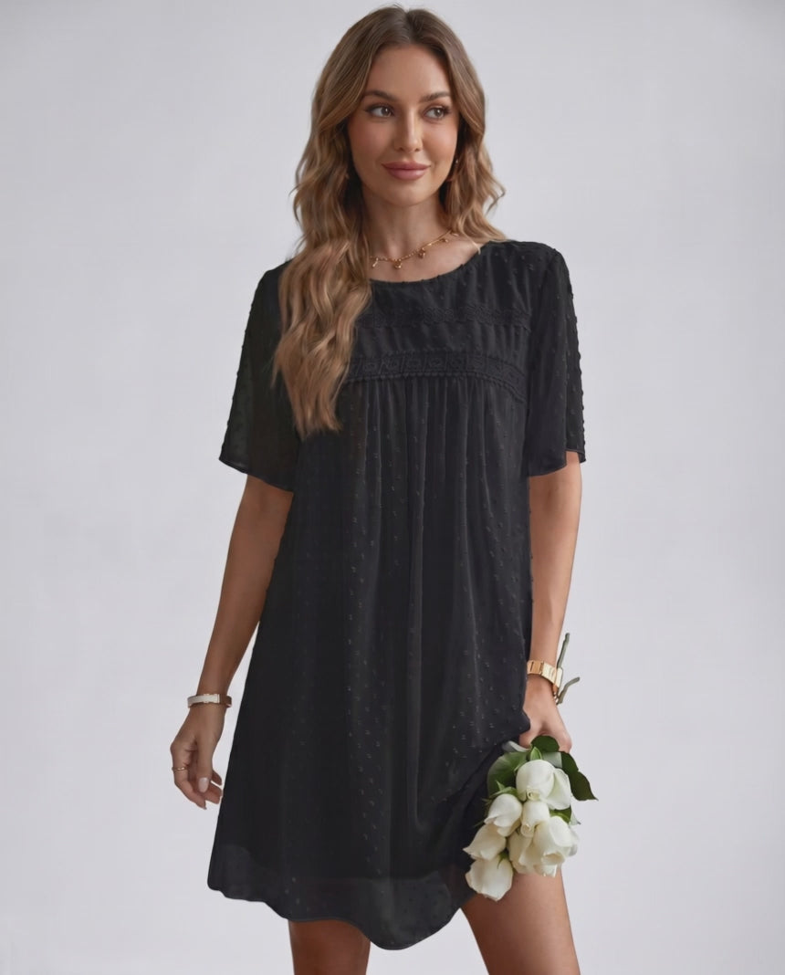 Eloria Mini Dress by Lauven — swiss dot mesh short sleeve round neck A-line mini dress